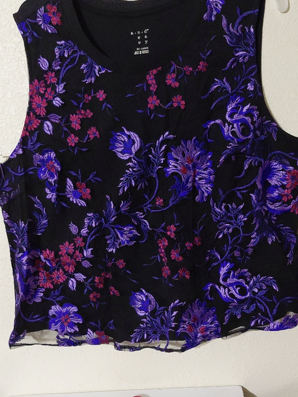 a.n.a Black Tank Top with Purple and Pink Floral Embroidery